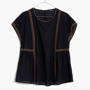 Madewell Embroidered Crewneck Smock-Style Top, Black, Size S, EXC Condition